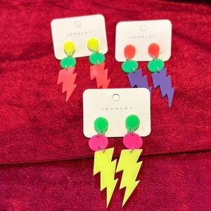 Colorful Lightning Bolt Earrings pierced new  fun  set of 3 multicolored